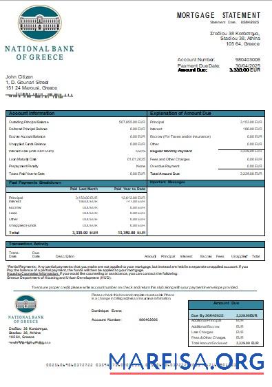 Printable Greece National Bank of Greece bank mortgage statement scr real example